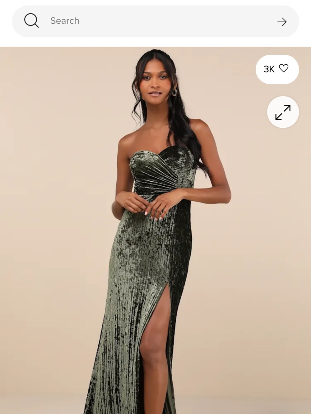 Lulu's Olive Velvet Strapless Sweetheart Gown with Thigh Slit